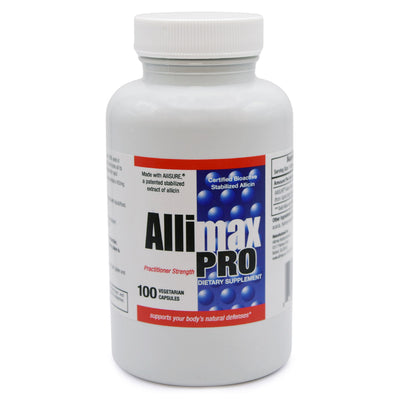 Supplement bottle labeled 'Allimax Pro' on a white background